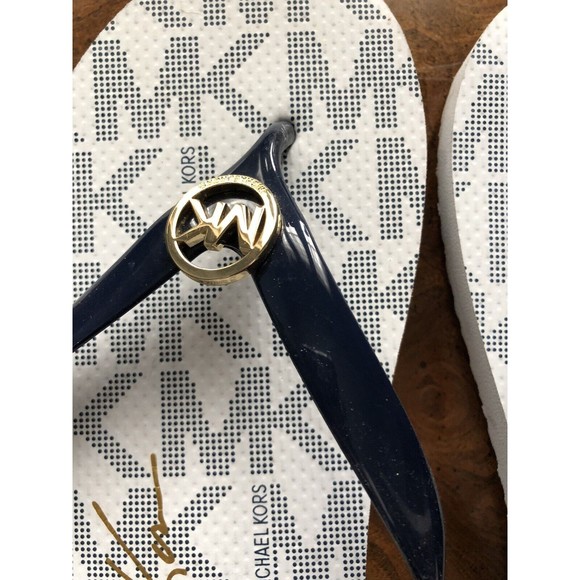 Michael Kors Jet Set Flip Flop Sandals Navy Blue White Gold MK Logo US Size 10 - Picture 2 of 7